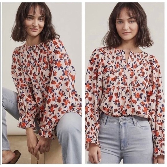 Elizabeth and James Tops - Elizabeth and James Floral Pintuck Peasant Blouse Red Navy Cream Large
